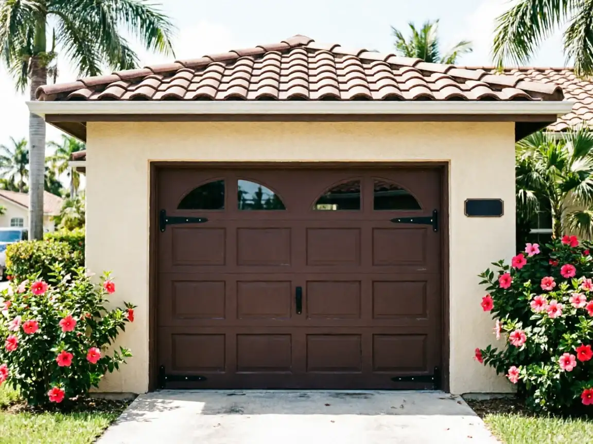 The brown garage door has decorative hardware and arched windows.