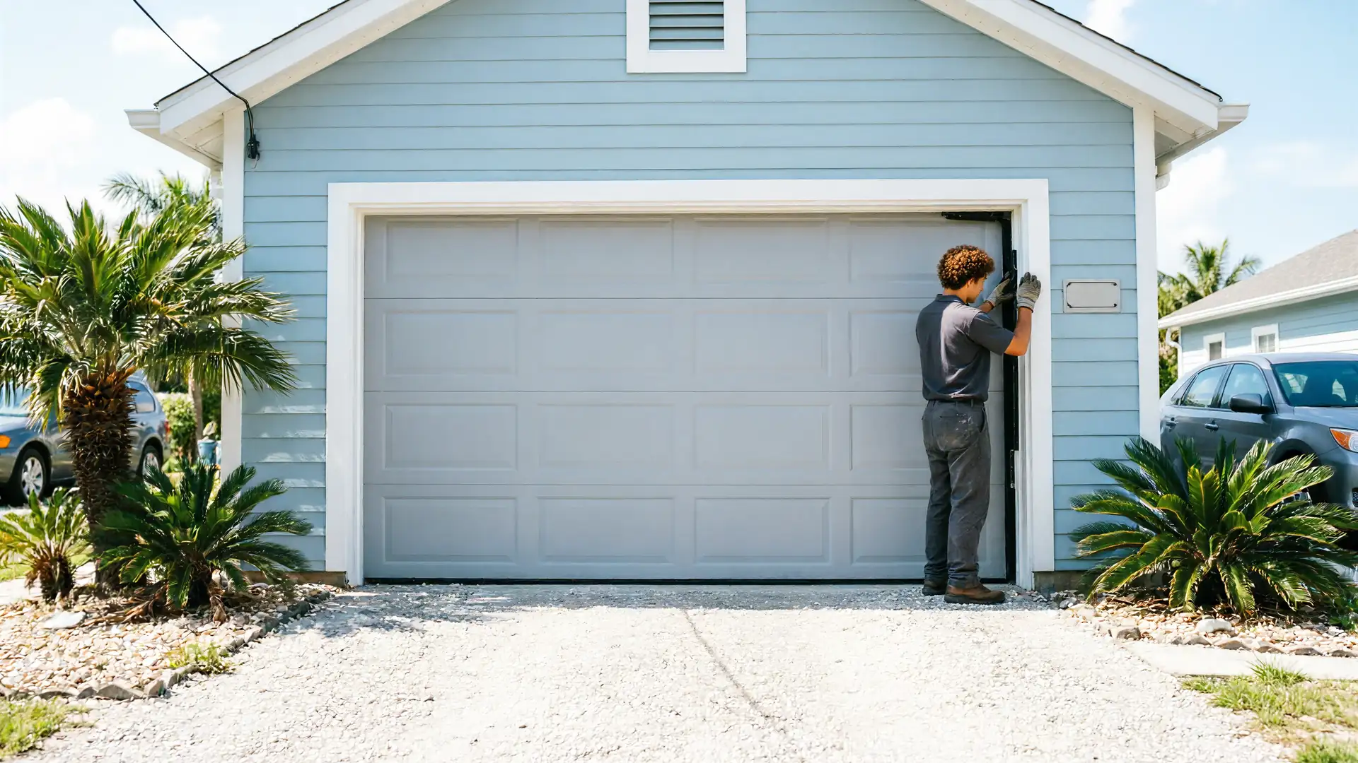 A technician works on the gray garage door of a light blue house.
