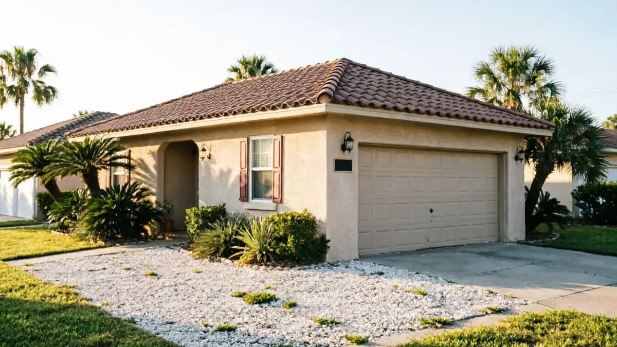 The house has a beige garage door, a tiled roof, and palm trees.