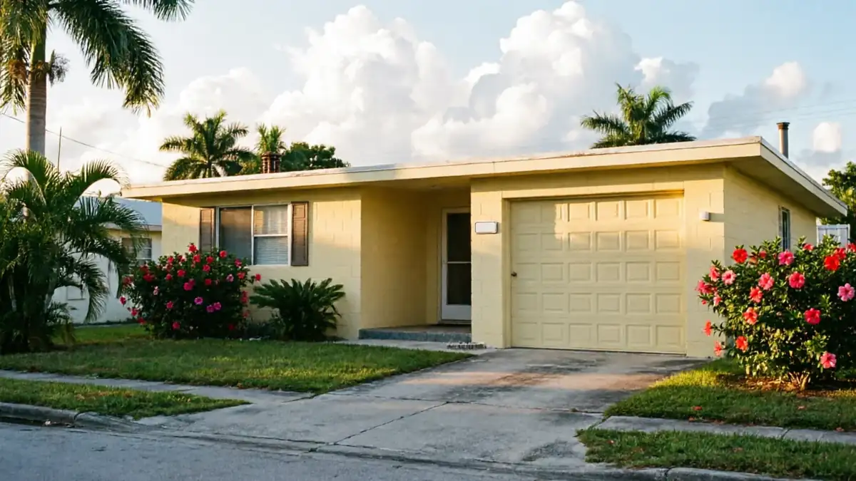 A yellow house with a yellow garage door, green lawn, and flowering bushes.